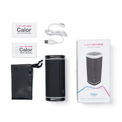 Lovense Calor unboxed with USB charging cable, storage bag, and setup guide included