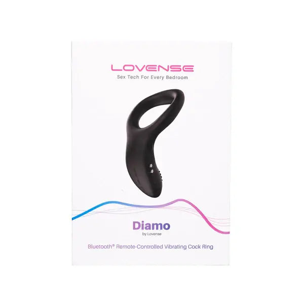 Lovense Diamo vibrating cock ring in black silicone shown on front of white retail box