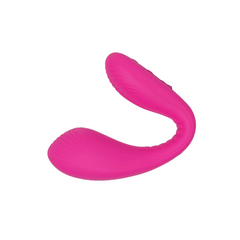 Lovense Dolce Bluetooth vibrator in bright pink, smooth silicone body, side profile angle