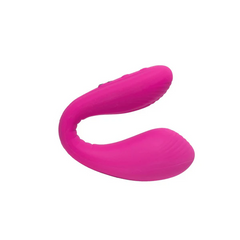 Lovense Dolce flexible C-shaped vibrator in magenta, angled view highlighting soft curves