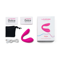 Lovense Dolce full package contents: vibrator, USB cable, storage bag, and printed manuals