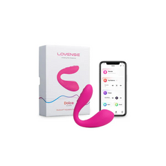 Lovense Dolce vibrator beside its white retail box and Lovense app shown on smartphone