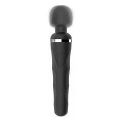 Lovense Domi 2 black silicone wand vibrator, front view showing rounded head and control button