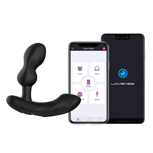 Lovense Edge 2 prostate massager displayed beside smartphone running the Lovense control app