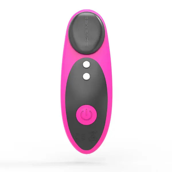 Lovense Ferri panty vibrator in pink and grey silicone, front view showing power button