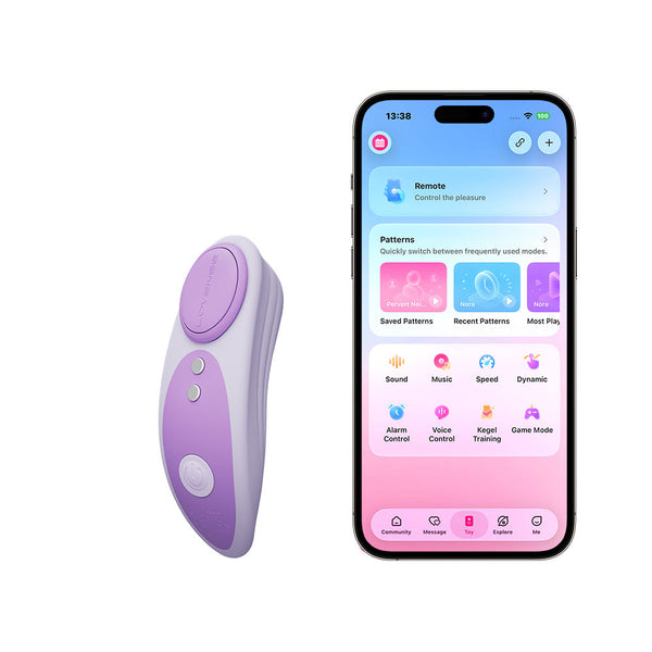 Lovense Ferri Reserve lavender wearable vibrator beside a smartphone showing the Lovense app interface
