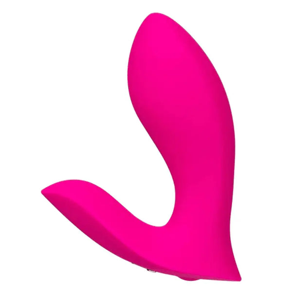Lovense Flexer pink silicone dual panty vibrator, front hero view showing curved insertable design