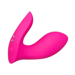 Lovense Flexer pink vibrator angled view revealing magnetic charging contacts and control button