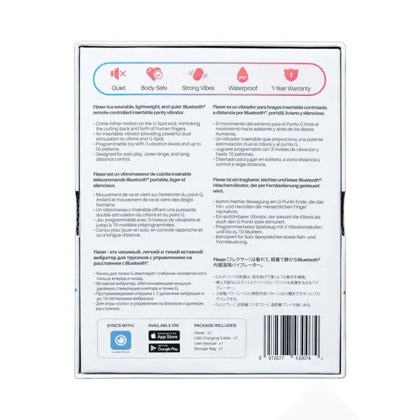 Lovense Flexer product back panel showing multilingual features, app compatibility, and specifications