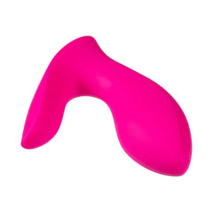 Lovense Flexer vibrator lying flat showing flexible panty-wearable ergonomic form in bright pink