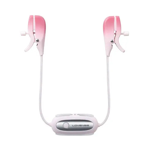 Lovense Gemini vibrating nipple clamps in pink and white with flexible connecting cable