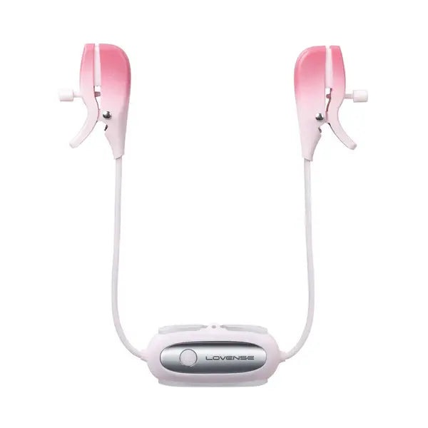 Lovense Gemini vibrating nipple clamps in pink and white with flexible connecting cable