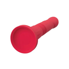 Lovense Gravity dildo showing wide suction cup base and ribbed body from low angle perspective