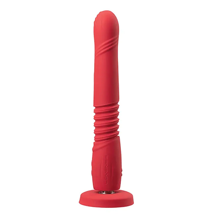 Lovense Gravity thrusting dildo in red silicone with ridged shaft and suction base, upright view