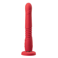 Lovense Gravity thrusting dildo in red silicone with ridged shaft and suction base, upright view