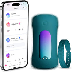 Lovense Gush 2 glans massager in teal with app interface on smartphone and silicone wristband