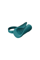 Lovense Gush 2 open-sleeve penis massager with adjustable teal silicone strap, angled view