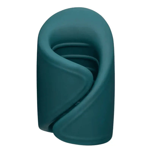 Lovense Gush glans massager in deep teal silicone, front view showing curved spiral design