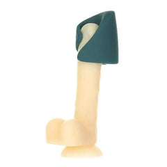 Lovense Gush worn on demo model illustrating how the open-tip design cradles the glans