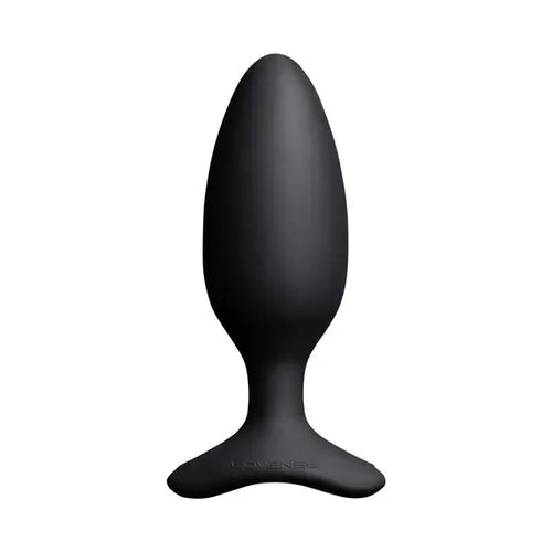Lovense Hush 2 black silicone butt plug, front view showing tapered tip and flared base