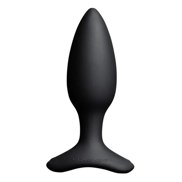 Lovense Hush 2 black silicone vibrating butt plug, tapered tip and flared base, front view