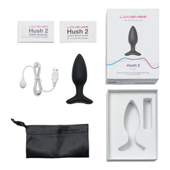 Lovense Hush 2 unboxed contents: plug, USB charging cable, storage bag, and manuals
