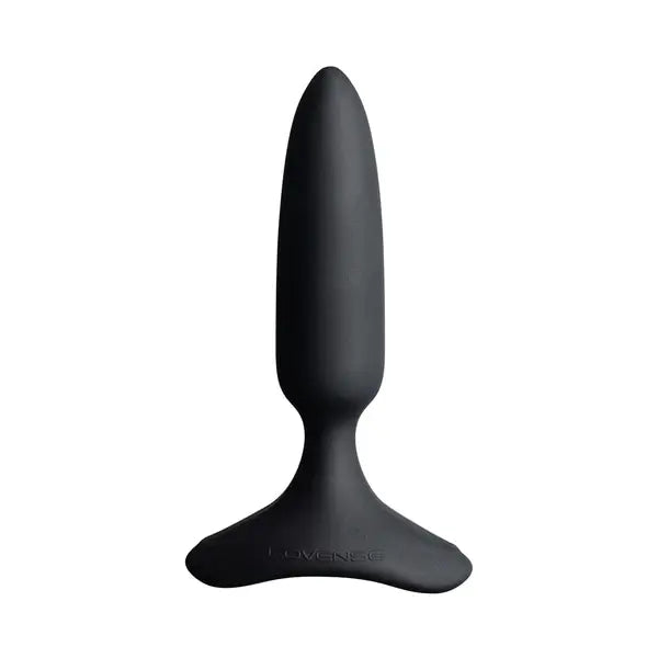 Lovense Hush 2 XS black silicone butt plug, front view, tapered tip with flared base