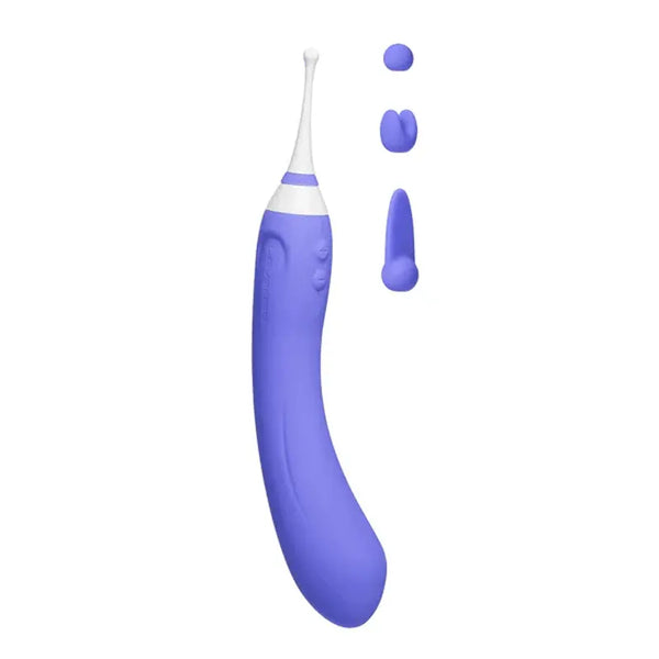 Lovense Hyphy dual-ended vibrator in purple with three interchangeable tip attachments shown