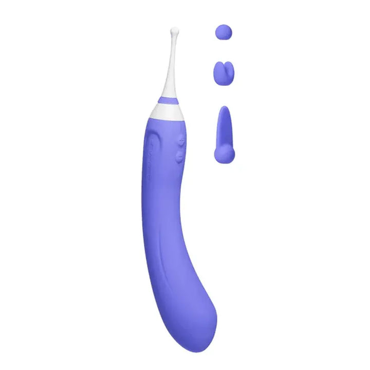 Lovense Hyphy dual-ended vibrator in purple with three interchangeable tip attachments shown