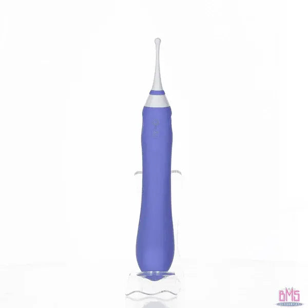 Lovense Hyphy purple vibrator standing upright on clear display stand, full product view