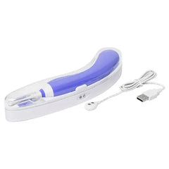 Lovense Hyphy vibrator resting in white charging case with magnetic USB cable