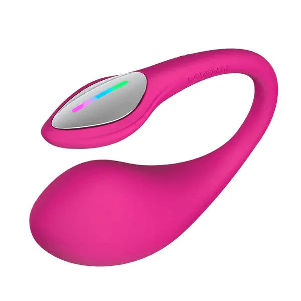 Lovense Lush 4 pink silicone wearable vibrator showing curved tail and silver control face