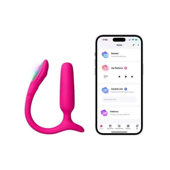Lovense Lush Anal pink silicone vibrating plug shown beside a smartphone displaying the app