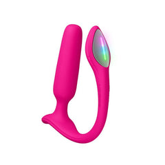 Lovense Lush Anal rotated view with rainbow LED light glowing on the control panel end