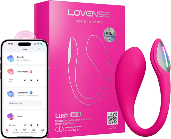 Lovense Lush Mini pink G-spot egg vibrator beside its hot-pink box and paired smartphone app