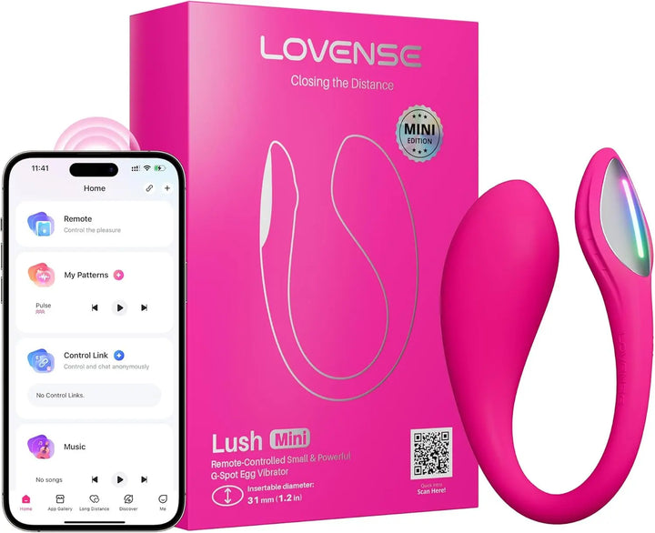 Lovense Lush Mini pink G-spot egg vibrator beside its hot-pink box and paired smartphone app