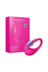 Lovense Lush Mini pink G-spot egg vibrator resting in front of matching hot-pink retail box