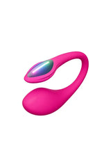 Close-up of Lovense Lush Mini pink silicone egg vibrator showing iridescent oval LED button