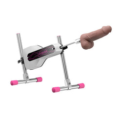 Lovense Mini Sex Machine assembled on adjustable metal frame with pink rubber feet and attached dildo