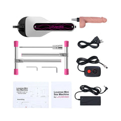 Lovense Mini Sex Machine full kit laid flat showing motor unit, frame, dildo, cables, remote, and manuals