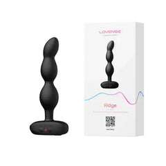 Lovense Ridge anal beads vibrator beside its retail box on white background
