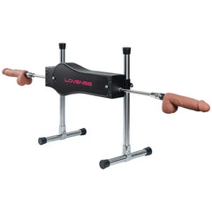 Lovense Sex Machine three-quarter view with two realistic silicone attachments mounted