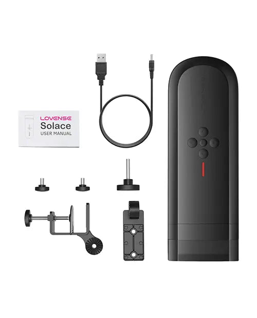 Lovense Solace full kit laid flat showing device, USB cable, mounting hardware, and user manual