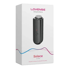 Lovense Solace retail packaging box showing Bluetooth thrusting male masturbator product name