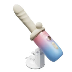 Lovense Spinel dildo on angled suction stand showing clitoral stimulator attachment ring