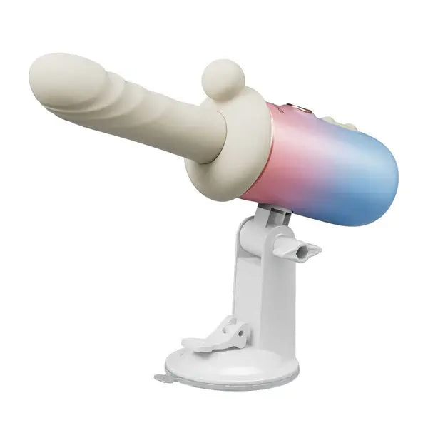 Lovense Spinel thrusting dildo on adjustable suction cup stand, blue-pink gradient body