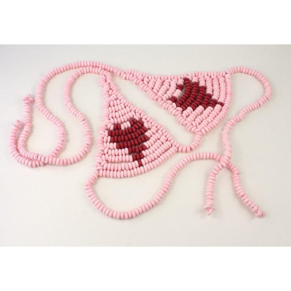 Lover's Candy Bra laid flat showing pink and red candy bead triangles with tie straps