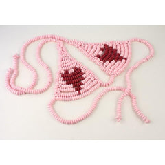 Lover's Candy Bra laid flat showing pink and red candy bead triangles with tie straps