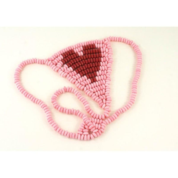 Lover's Candy G-String laid flat, pink and red candy beads forming a heart-shaped front panel
