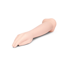 Low-angle view of the b-Vibe hand dildo showing the flat palm and elongated forearm design